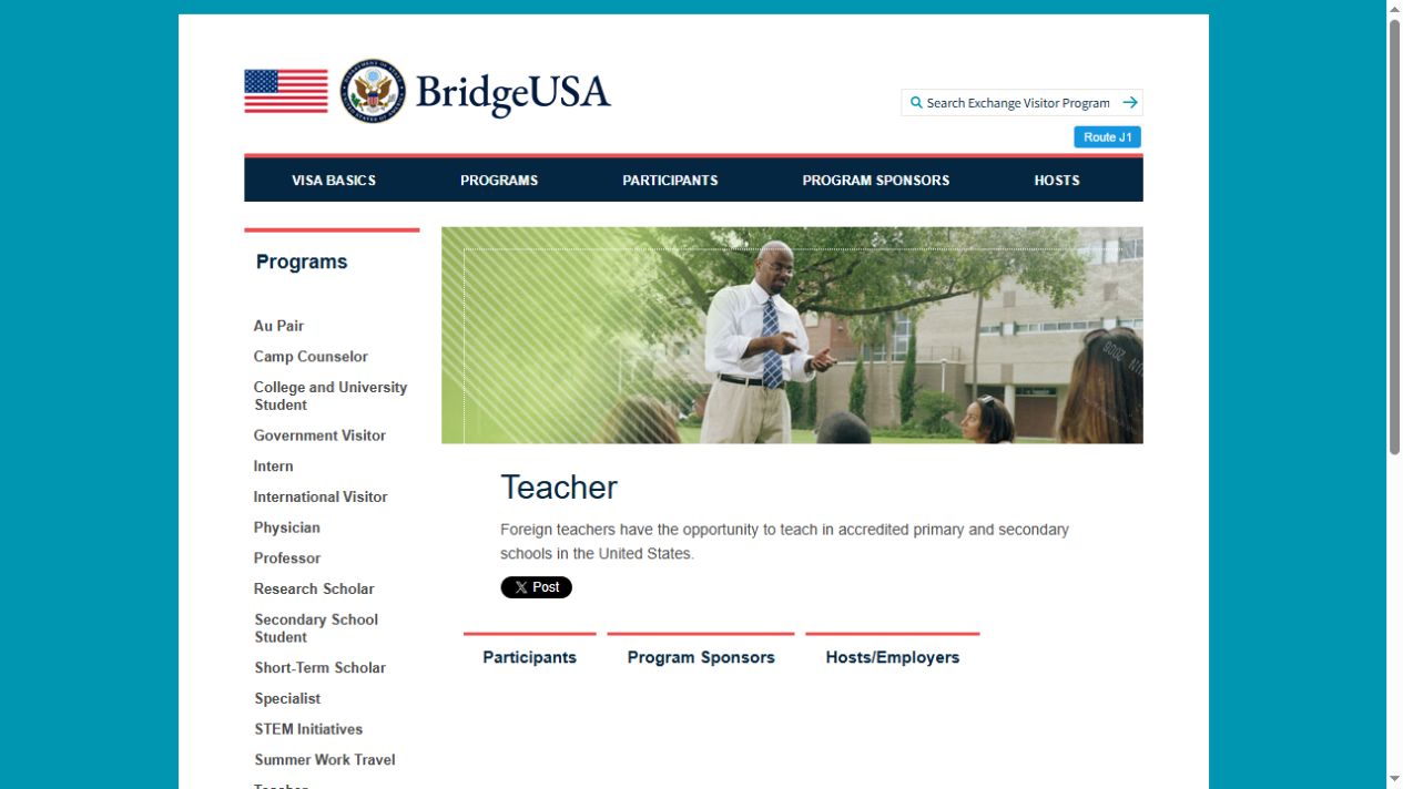 美国国务院 BridgeUSA Teacher 官方项目页面,说明外国教师可赴美国认可的中小学教学