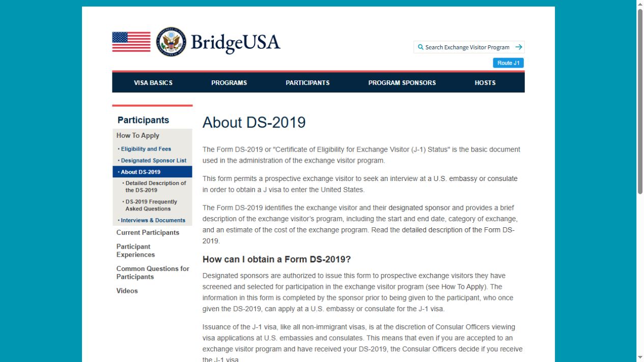 美国国务院 BridgeUSA 对 Form DS-2019 和 J-1 交流访问者资格证明用途的官方说明