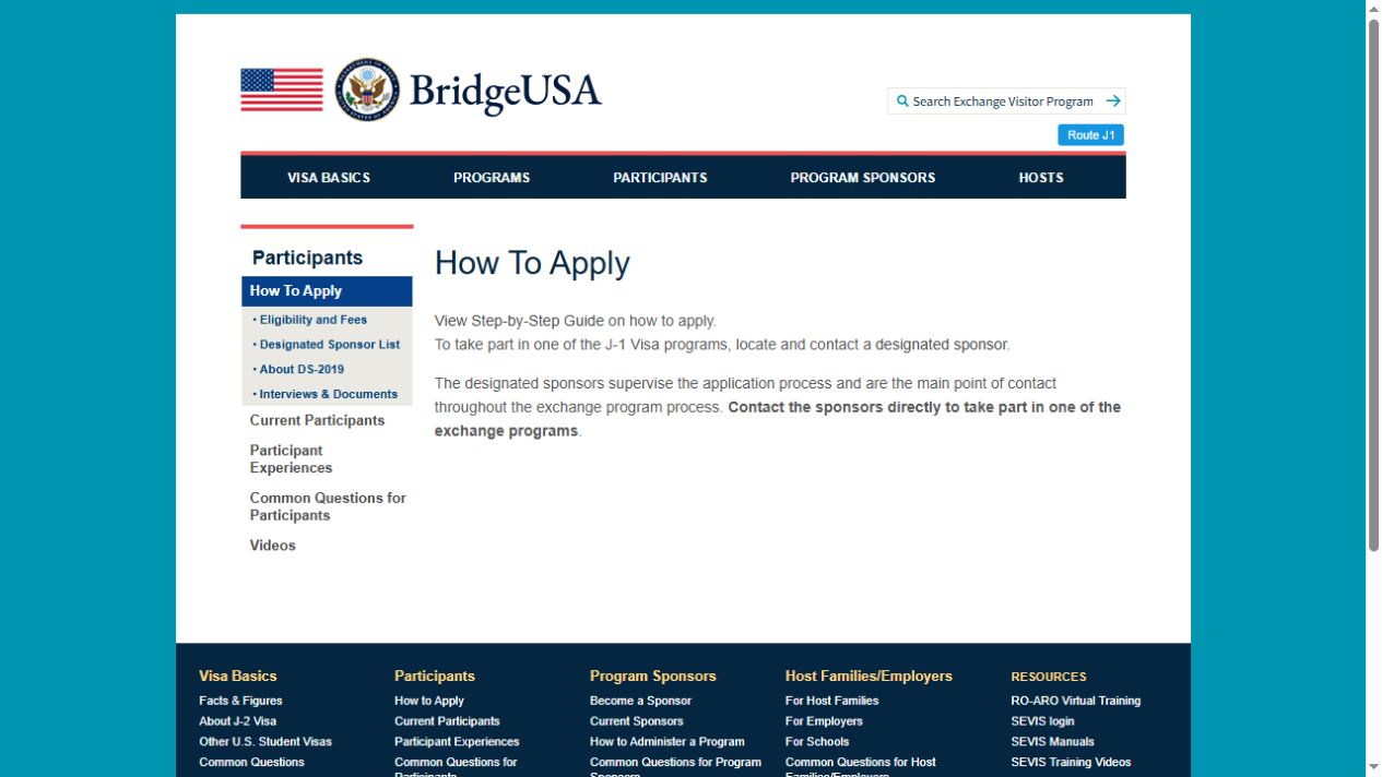 美国国务院 BridgeUSA How To Apply 页面,说明申请人应先寻找并直接联系指定 Sponsor