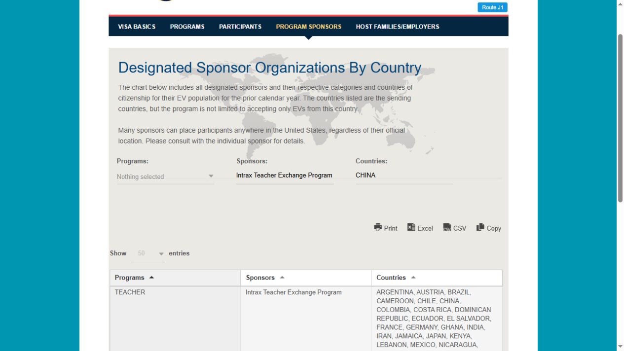 美国国务院上一日历年度 Sponsor 来源国数据,Teacher 类别 Intrax Teacher Exchange Program 记录中包含 CHINA