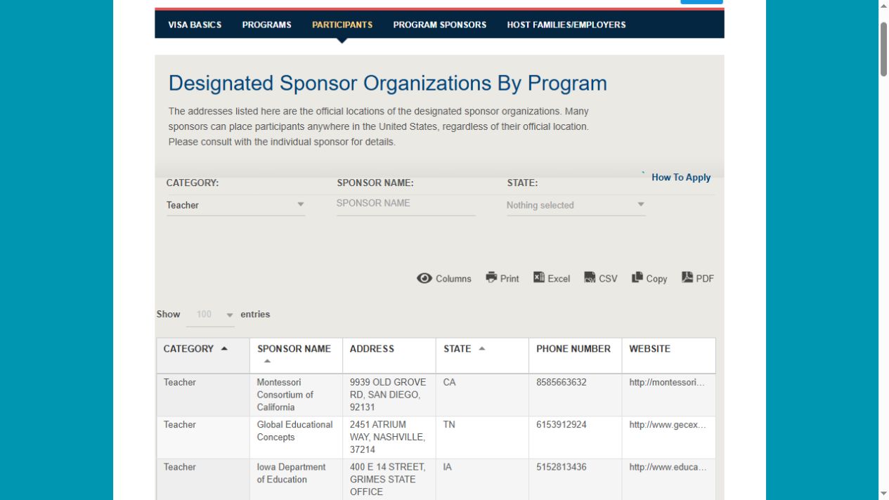 美国国务院 Sponsor Search 选择 Teacher 后显示的指定 Sponsor 结果