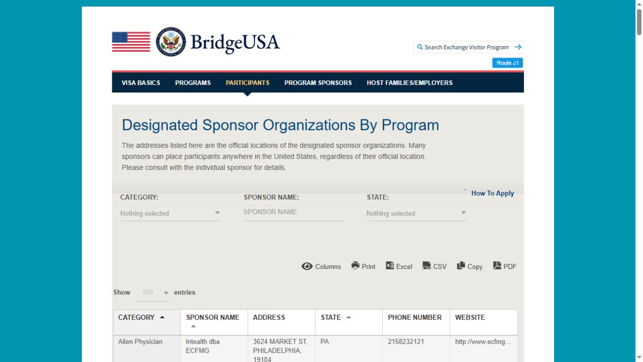 美国国务院 Designated Sponsor Organizations By Program 查询页面及 Category 筛选位置