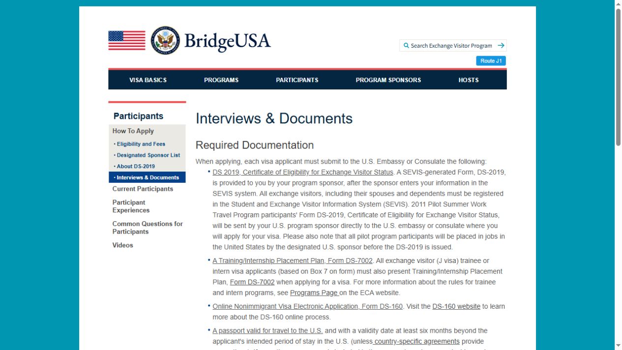 美国国务院 BridgeUSA J-1 签证所需材料,包括 DS-2019、DS-160 和有效护照